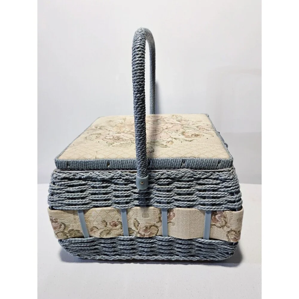 Woven Wicker Floral Tapestry Large Satin Lined Sewing Basket 11.5